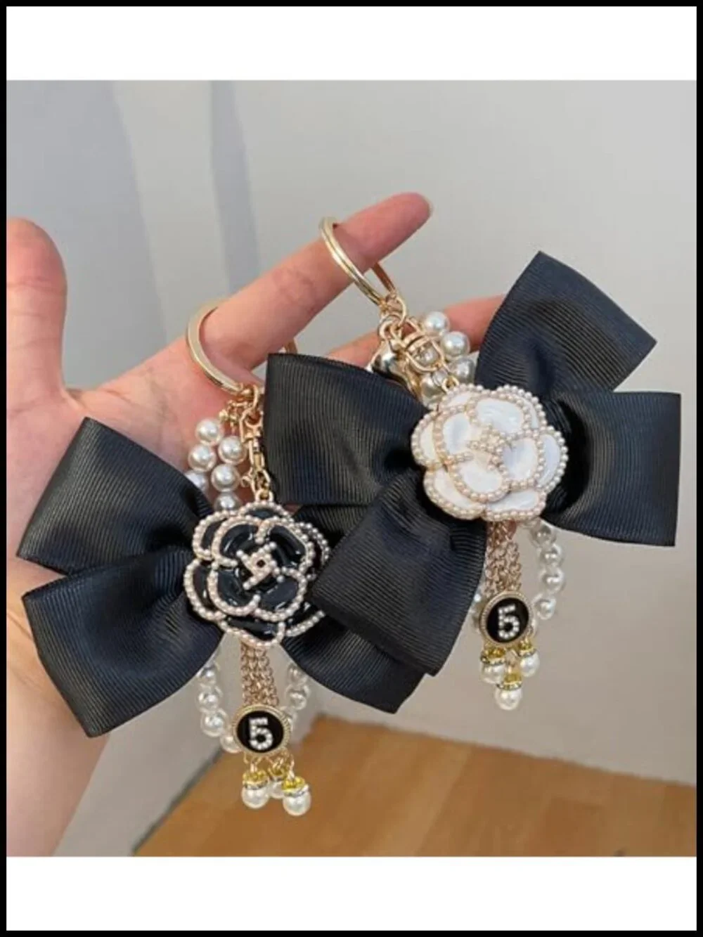 Camellia Flower Bag Charm with Pearl Bow-Knot Keychain for Handbags
